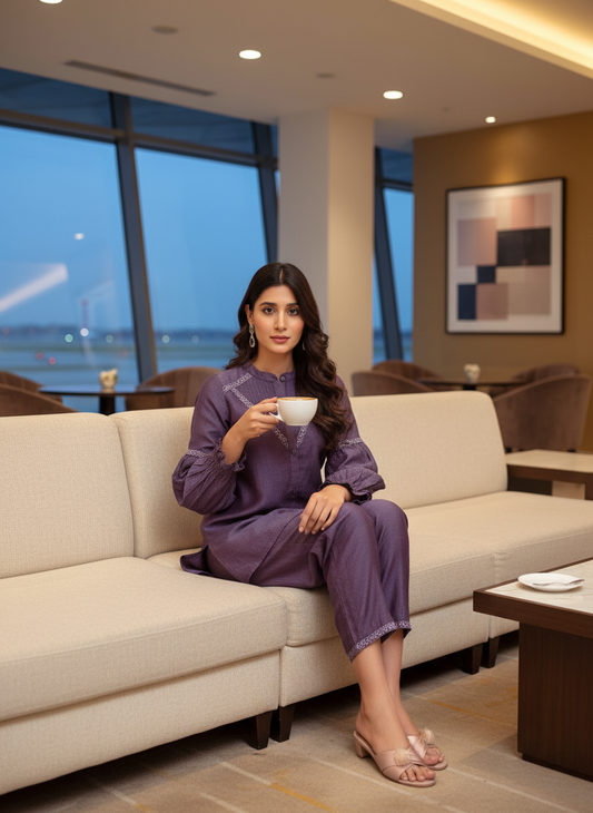 Mahi Purple Viscose Jacquard Co-Ord Set with Hand Sequin & Thread Work Detailing