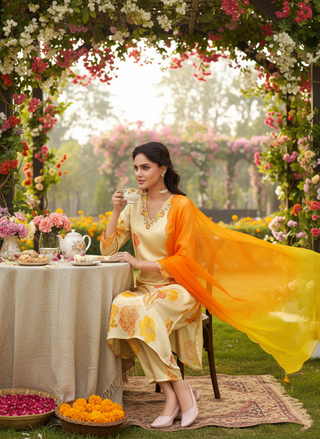 Malaika White Floral Printed Kurta Set with Handcrafted Sequin & Glass Bugle Floral Neck Embellishment in Satin Silk with Cotton Mul Lining and Dupatta