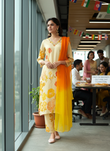 Malaika White Floral Printed Kurta Set with Handcrafted Sequin & Glass Bugle Floral Neck Embellishment in Satin Silk with Cotton Mul Lining and Dupatta