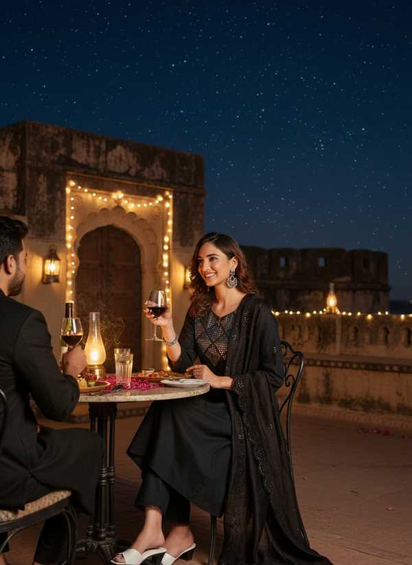 Maryam Black Pure Cotton  Linen Kurta Set with Dupatta Featuring Hand Embroidered Mirror Work Neckline with Cotton Mul Lining