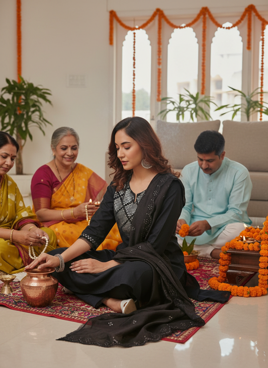 Maryam Black Pure Cotton  Linen Kurta Set with Dupatta Featuring Hand Embroidered Mirror Work Neckline with Cotton Mul Lining