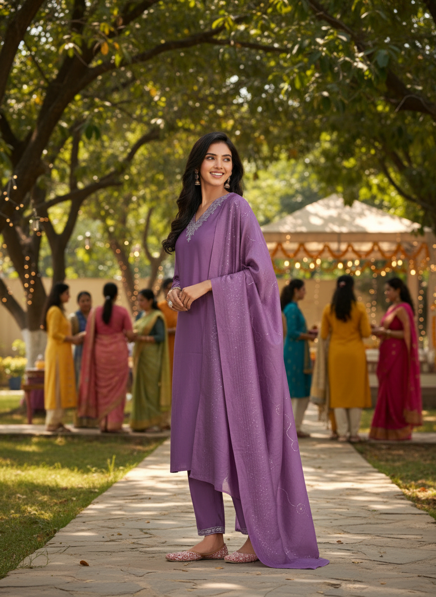 Mira Purple Chanderi Silk Kurta Set with Zari Embroidered Neckline, Sleeve & Bottom Border and Sequin Work Dupatta with Cotton Mul Lining