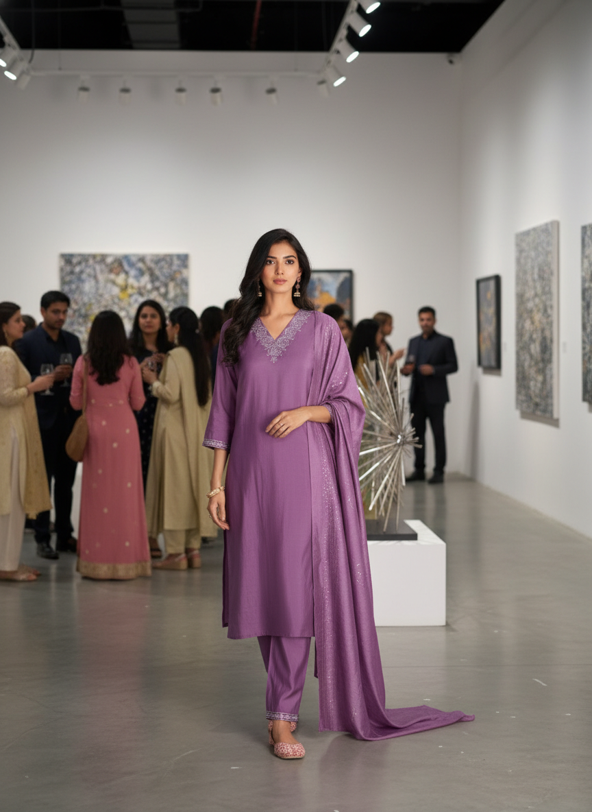 Mira Purple Chanderi Silk Kurta Set with Zari Embroidered Neckline, Sleeve & Bottom Border and Sequin Work Dupatta with Cotton Mul Lining