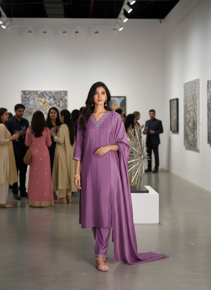 Mira Purple Chanderi Silk Kurta Set with Zari Embroidered Neckline, Sleeve & Bottom Border and Sequin Work Dupatta with Cotton Mul Lining