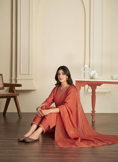 Mira Rust Chanderi Silk Kurta Set with Zari Embroidered Neckline, Sleeve & Bottom Border and Sequin Work Dupatta with Cotton Mul Lining