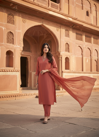 Mira Rust Chanderi Silk Kurta Set with Zari Embroidered Neckline, Sleeve & Bottom Border and Sequin Work Dupatta with Cotton Mul Lining