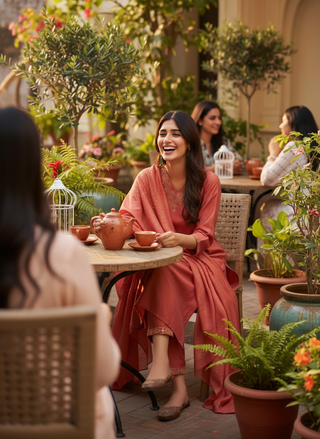 Mira Rust Chanderi Silk Kurta Set with Zari Embroidered Neckline, Sleeve & Bottom Border and Sequin Work Dupatta with Cotton Mul Lining