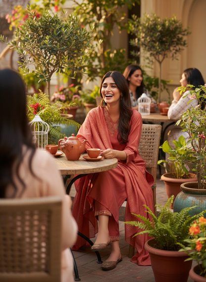 Mira Rust Chanderi Silk Kurta Set with Zari Embroidered Neckline, Sleeve & Bottom Border and Sequin Work Dupatta with Cotton Mul Lining