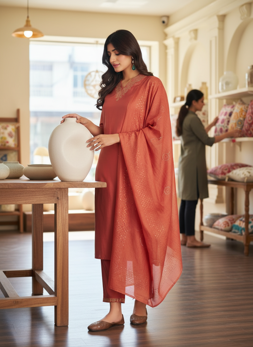 Mira Rust Chanderi Silk Kurta Set with Zari Embroidered Neckline, Sleeve & Bottom Border and Sequin Work Dupatta with Cotton Mul Lining