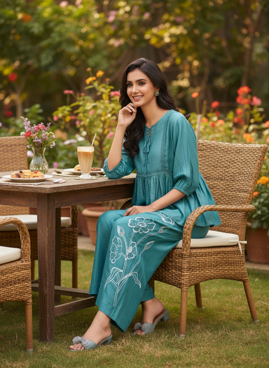 Nira Ice Blue Viscose Jacquard Co-Ord Set with Lace Detailing & Hand Bead Embellished Pants