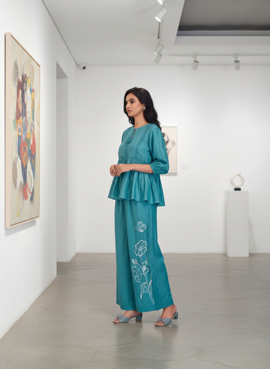 Nira Ice Blue Viscose Jacquard Co-Ord Set with Lace Detailing & Hand Bead Embellished Pants