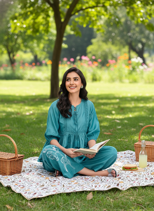 Nira Ice Blue Viscose Jacquard Co-Ord Set with Lace Detailing & Hand Bead Embellished Pants