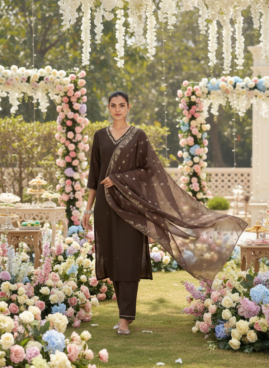 Nirjari Brown Hand-Embellished Sequin & Glass Bugle Detailed Kurta Set with Jacquard Dupatta and Delicate Motifs in Chanderi Silk with Cotton Mul Lining