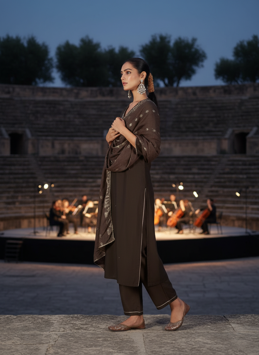 Nirjari Brown Hand-Embellished Sequin & Glass Bugle Detailed Kurta Set with Jacquard Dupatta and Delicate Motifs in Chanderi Silk with Cotton Mul Lining