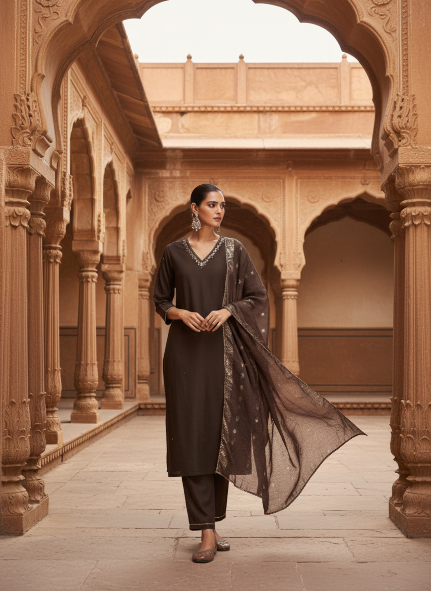 Nirjari Brown Hand-Embellished Sequin & Glass Bugle Detailed Kurta Set with Jacquard Dupatta and Delicate Motifs in Chanderi Silk with Cotton Mul Lining