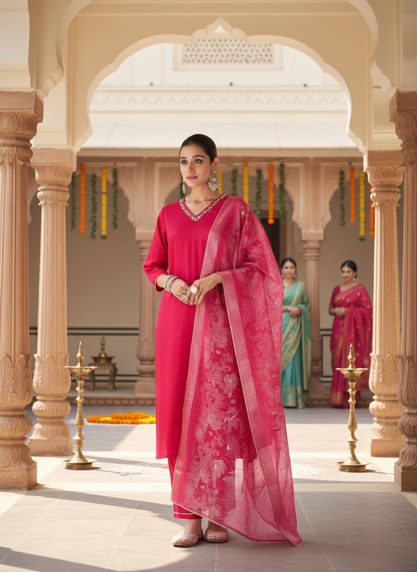 Nirjari Red Hand-Embellished Sequin & Glass Bugle Detailed Kurta Set with Jacquard Dupatta and Delicate Motifs in Chanderi Silk with Cotton Mul Lining