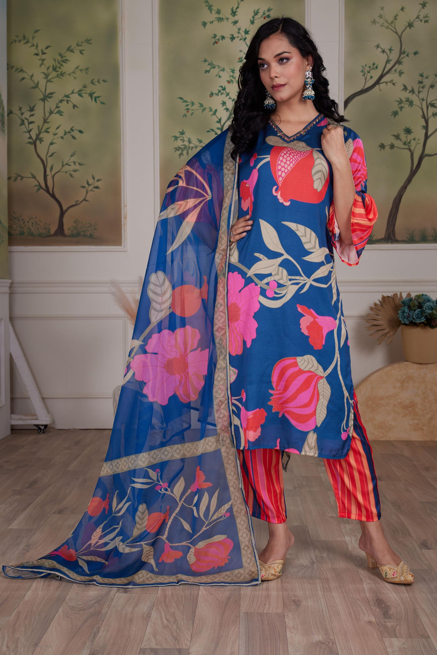 Rani Blue Silk Kurta Set with Dupatta