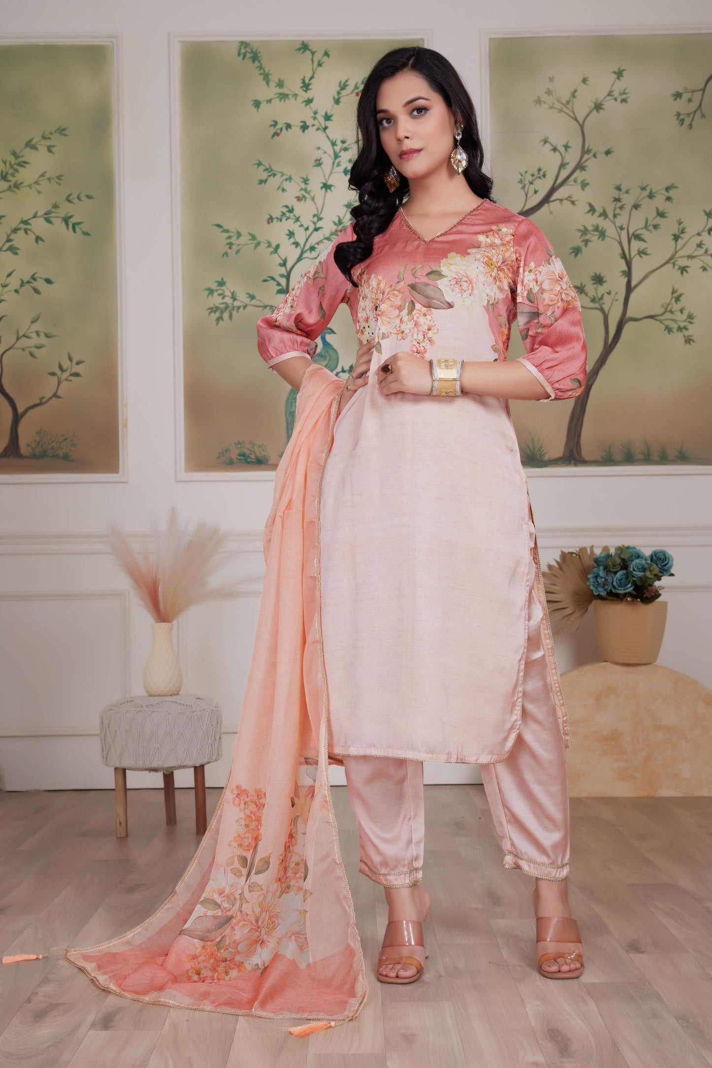 Tasneem Silk Peach Kurta Set with Dupatta