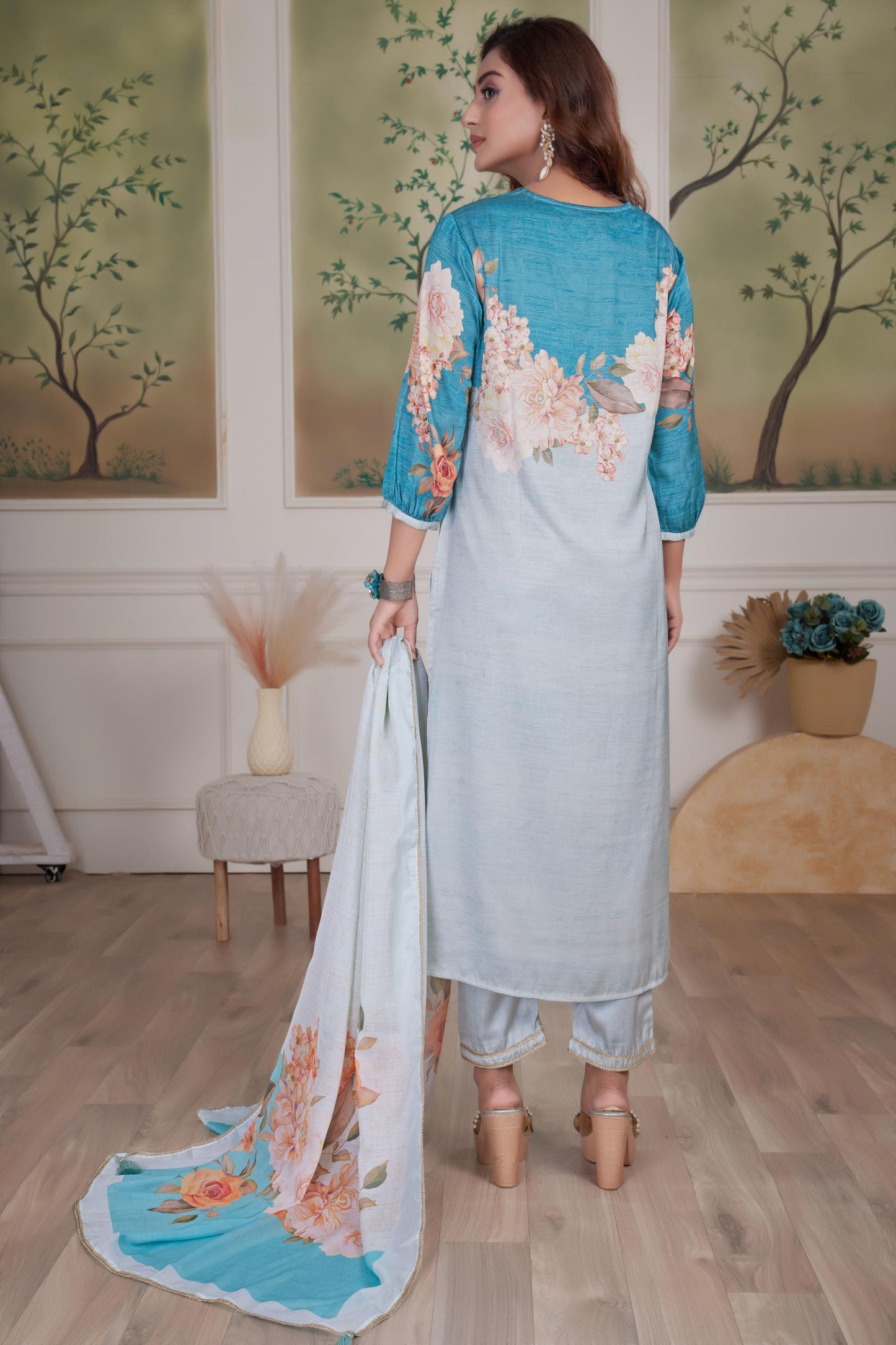 Tasneem Silk Teal Kurta Set with Dupatta