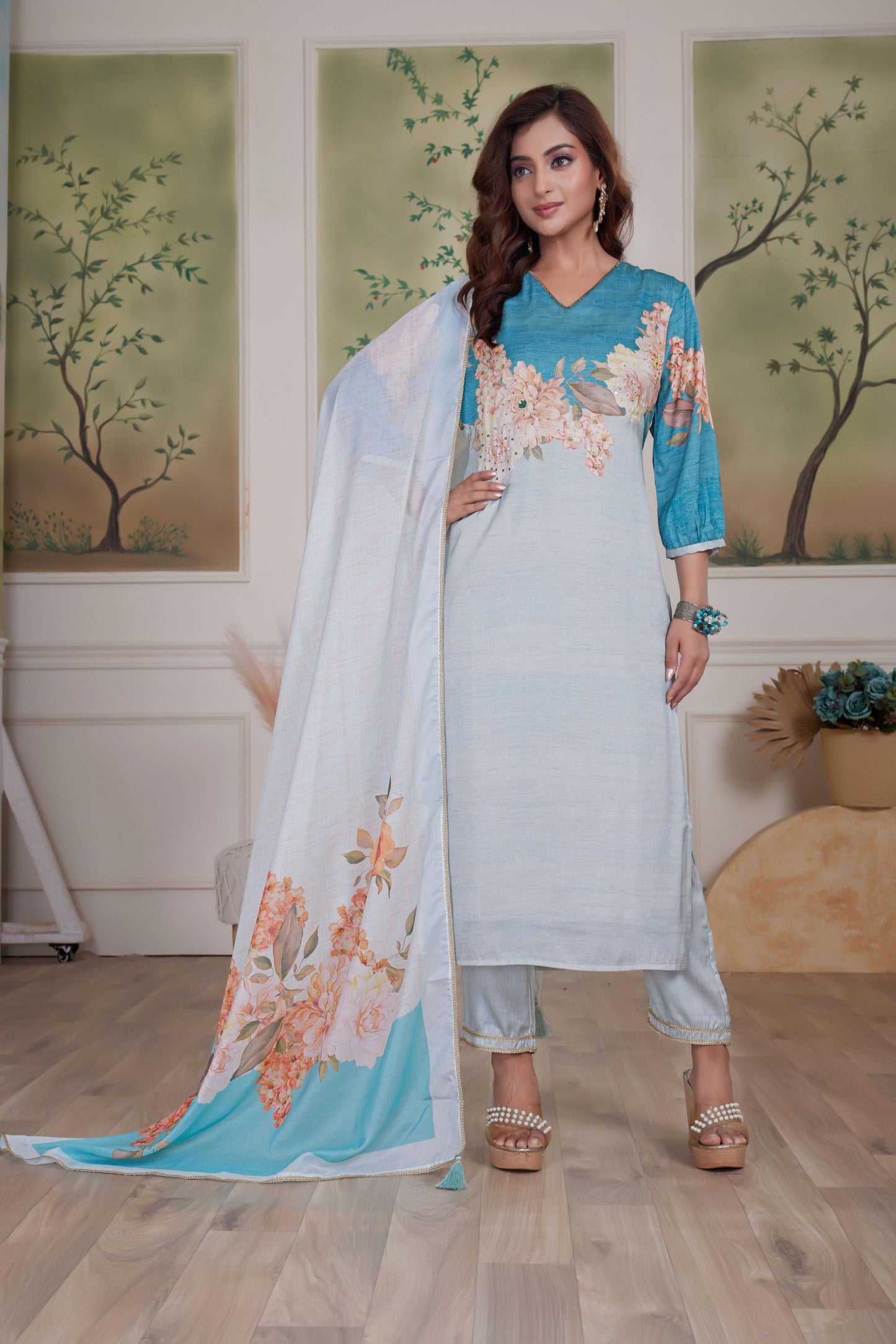 Tasneem Silk Teal Kurta Set with Dupatta