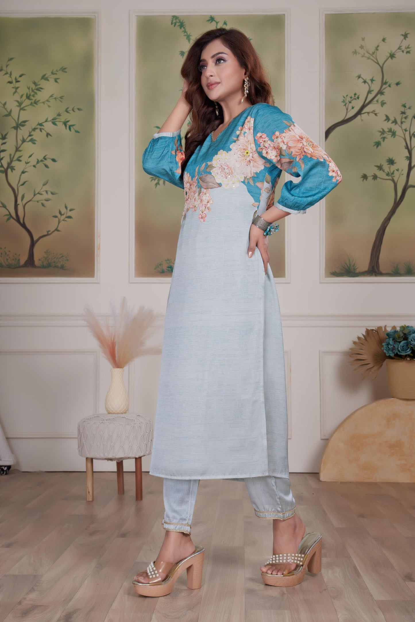Tasneem Silk Teal Kurta Set with Dupatta