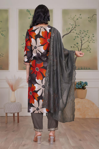 Roli Floral Printed Grey Salwar Suit with Handcrafted Zari & Mirror Embroidered Neckline in Viscose
