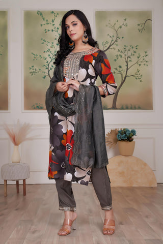 Roli Floral Printed Grey Salwar Suit with Handcrafted Zari & Mirror Embroidered Neckline in Viscose