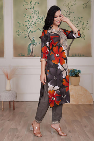Roli Floral Printed Grey Salwar Suit with Handcrafted Zari & Mirror Embroidered Neckline in Viscose