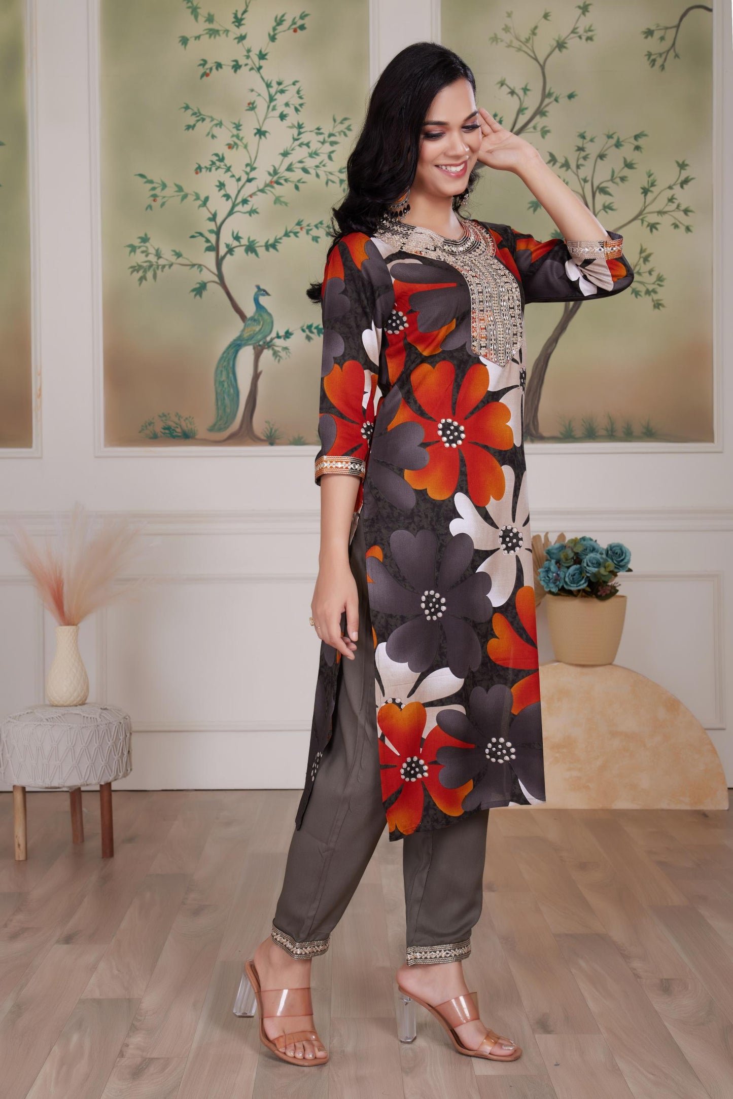 BulBul Roli floral Printed Grey Rayon Salwar Suit