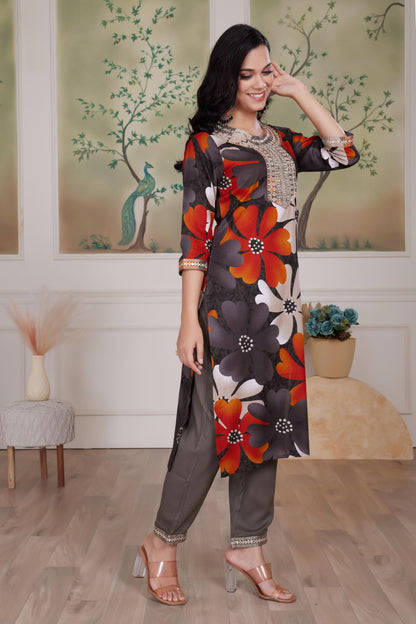 Roli Floral Printed Grey Salwar Suit with Handcrafted Zari & Mirror Embroidered Neckline in Viscose