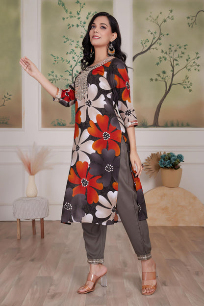 Roli Floral Printed Grey Salwar Suit with Handcrafted Zari & Mirror Embroidered Neckline in Viscose