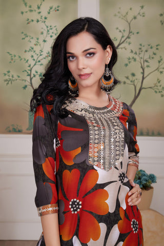 Roli Floral Printed Grey Salwar Suit with Handcrafted Zari & Mirror Embroidered Neckline in Viscose