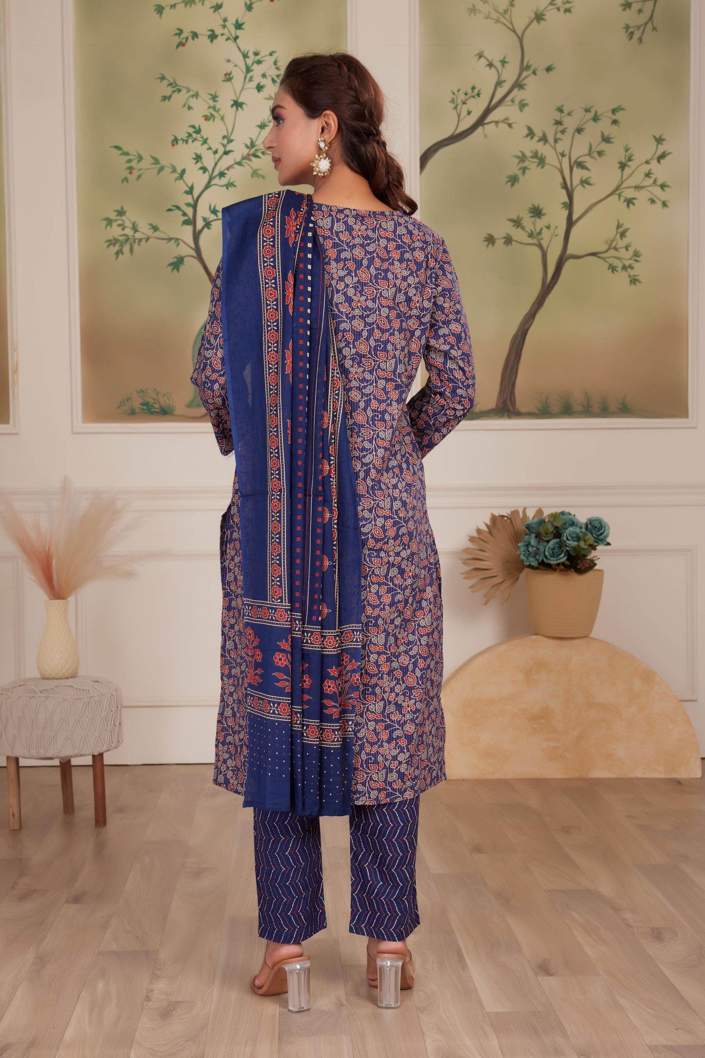 Navy Cotton Kurta Set with Dupatta - BulBul