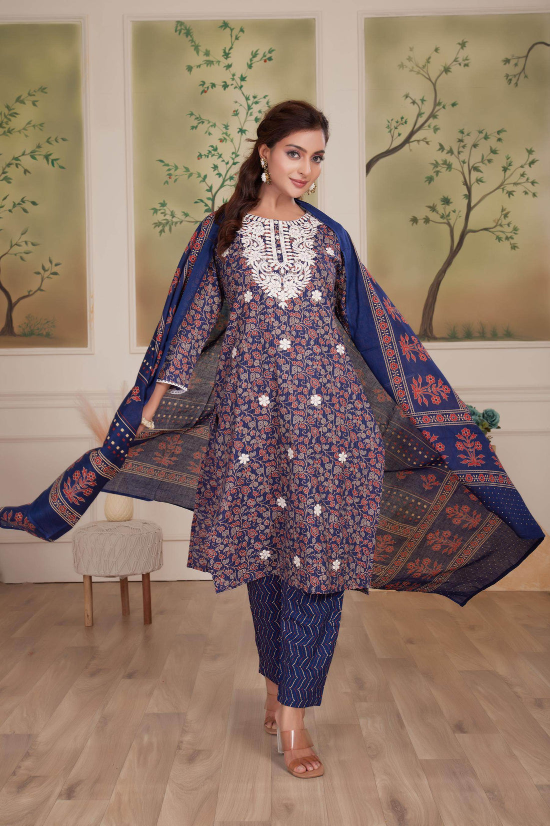 Navy Cotton Kurta Set with Dupatta - BulBul