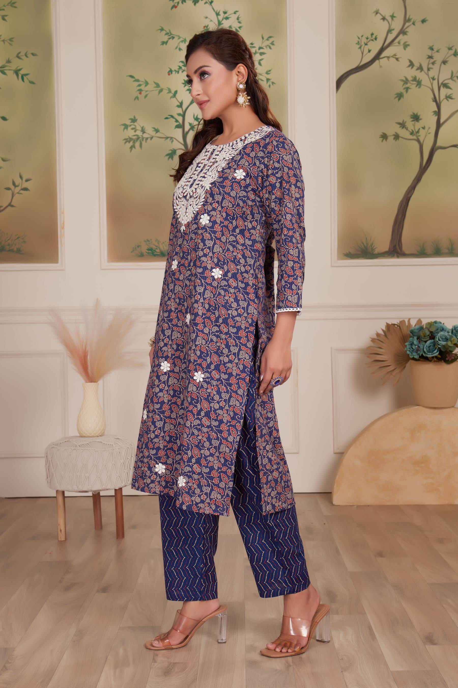 Navy Cotton Kurta Set with Dupatta - BulBul