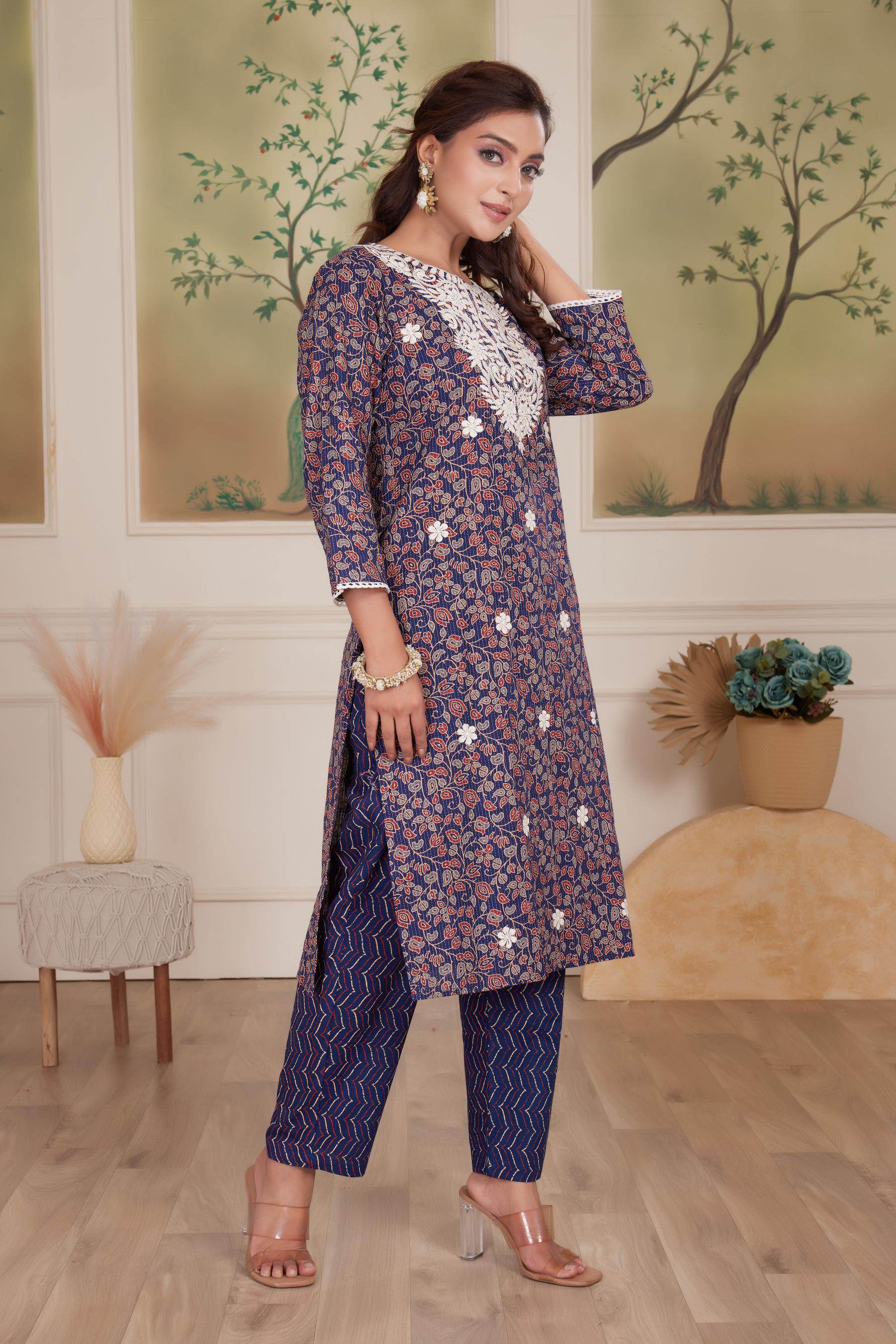 Navy Cotton Kurta Set with Dupatta - BulBul