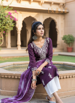 Pooja Purple Viscose Kurta Set with Lucknowi Style White Paisley Embroidery and Dupatta