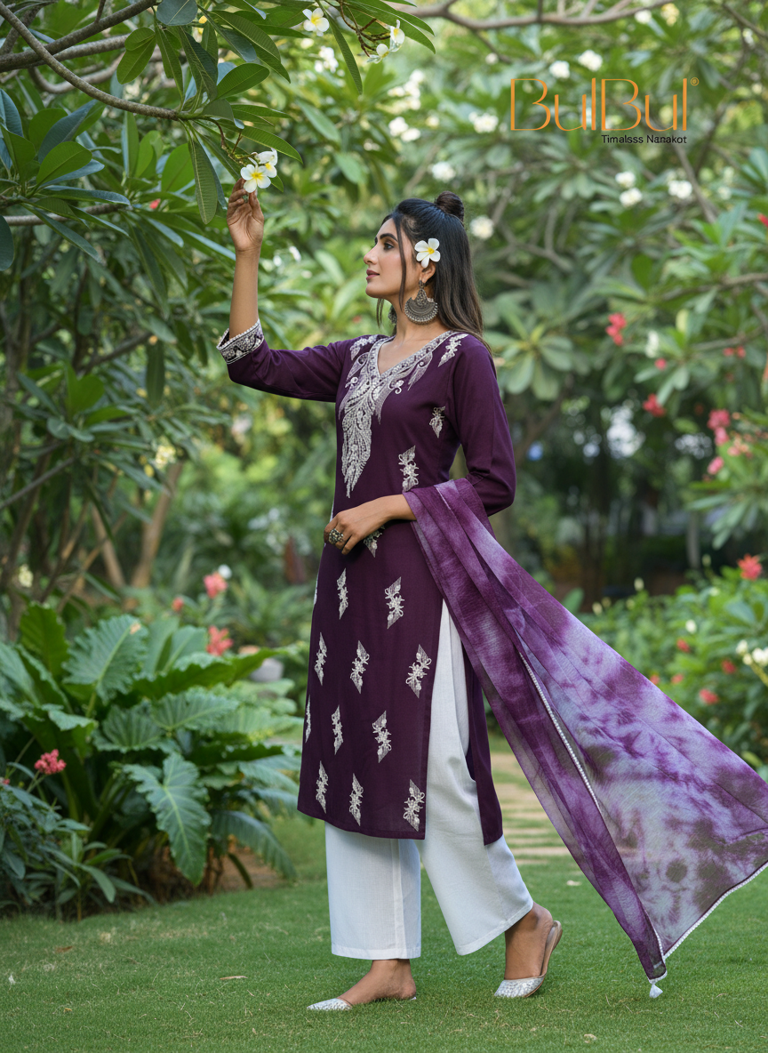 Pooja Purple Viscose Kurta Set with Lucknowi Style White Paisley Embroidery and Dupatta