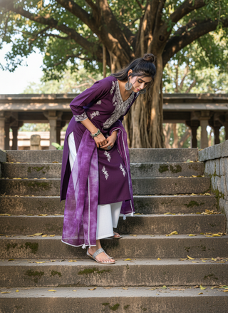 Pooja Purple Viscose Kurta Set with Lucknowi Style White Paisley Embroidery and Dupatta