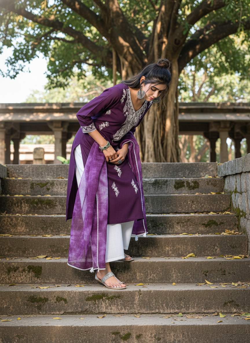 Pooja Purple Viscose Kurta Set with Lucknowi Style White Paisley Embroidery and Dupatta