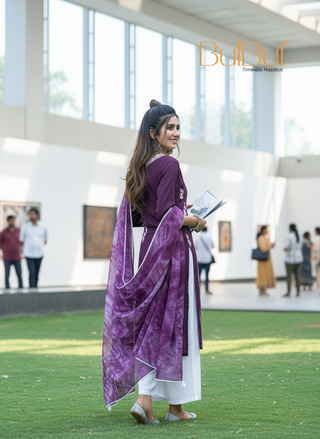 Pooja Purple Viscose Kurta Set with Lucknowi Style White Paisley Embroidery and Dupatta