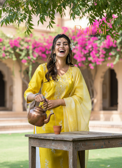 Pooja Sunshine Yellow Viscose Kurta Set with Lucknowi Style White Paisley Embroidery and Dupatta