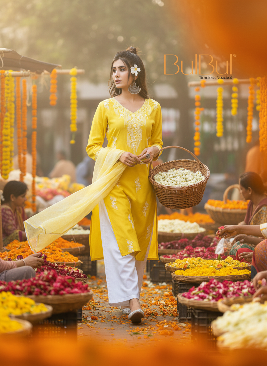 Pooja Sunshine Yellow Viscose Kurta Set with Lucknowi Style White Paisley Embroidery and Dupatta