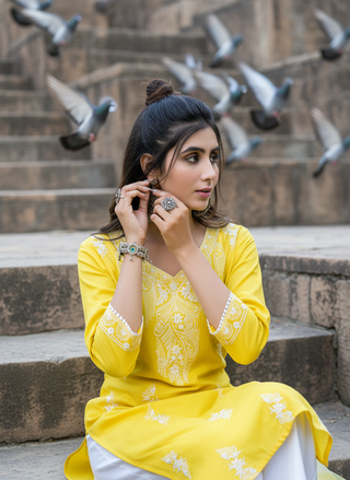 Pooja Sunshine Yellow Viscose Kurta Set with Lucknowi Style White Paisley Embroidery and Dupatta
