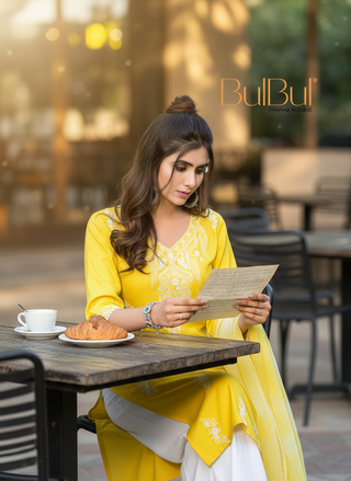 Pooja Sunshine Yellow Viscose Kurta Set with Lucknowi Style White Paisley Embroidery and Dupatta