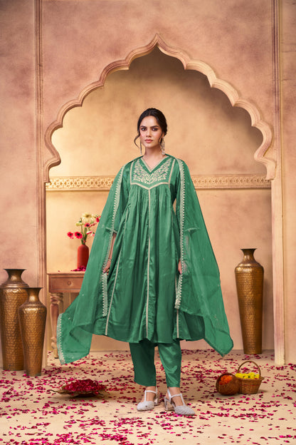 Praniti Green Silver Zari Thread Embroidered & Hand Sequin Detailed Suit Set with Dupatta in Pure Muslin with Pure Cotton Mul Lining