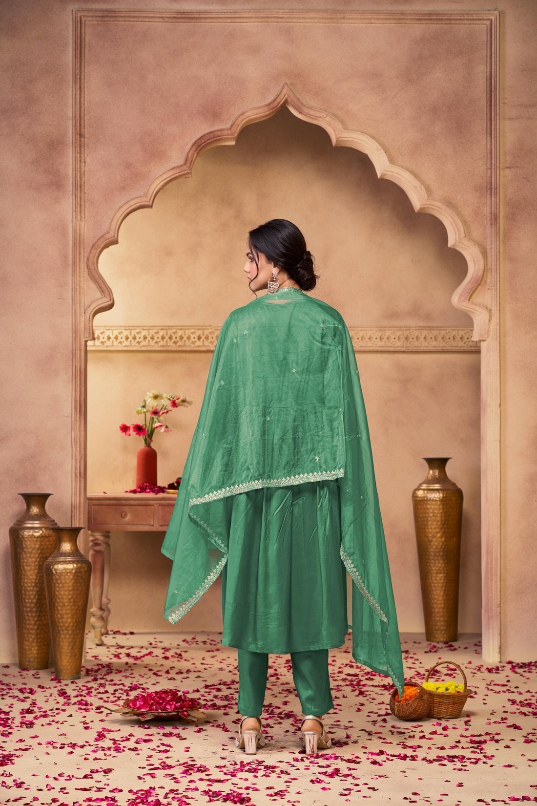 Praniti Green Silver Zari Thread Embroidered & Hand Sequin Detailed Suit Set with Dupatta in Pure Muslin with Pure Cotton Mul Lining
