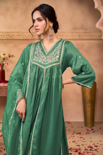 Praniti Green Silver Zari Thread Embroidered & Hand Sequin Detailed Suit Set with Dupatta in Pure Muslin with Pure Cotton Mul Lining