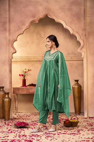 Praniti Green Silver Zari Thread Embroidered & Hand Sequin Detailed Suit Set with Dupatta in Pure Muslin with Pure Cotton Mul Lining