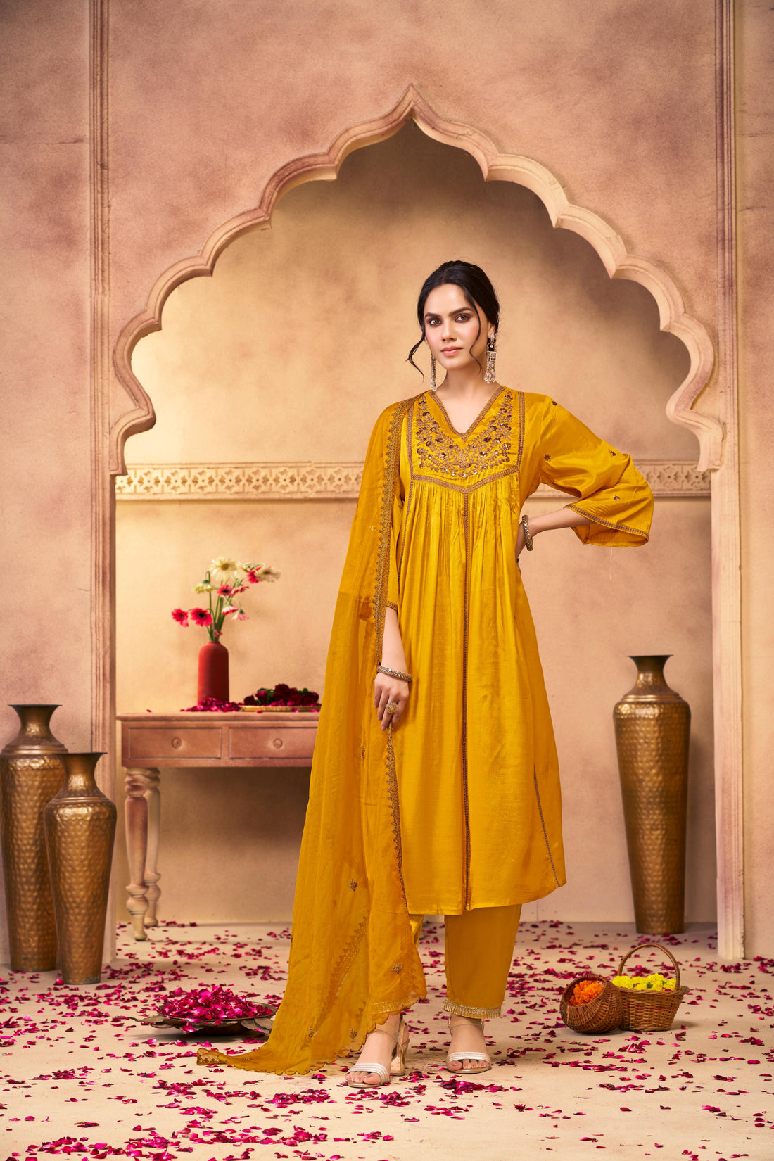 Praniti Mustard Copper Zari Thread Embroidered & Hand Sequin Detailed Suit Set with Dupatta in Pure Muslin with Pure Cotton Mul Lining